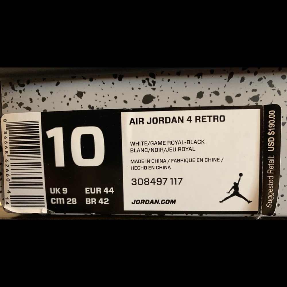 Air Jordan 4 Retro White/Game Royal-Black Size 10